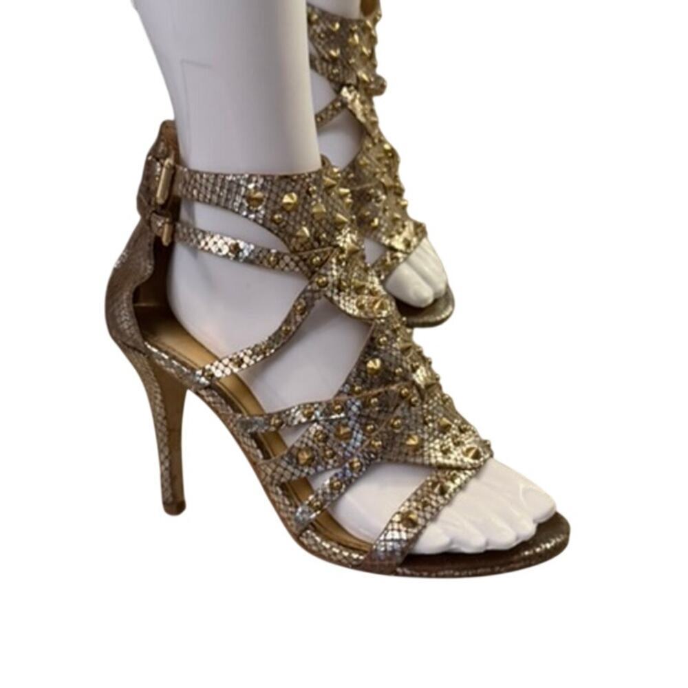 GUESS Gold Studded Strappy Heels Snake Embossed Leather Size 7.5